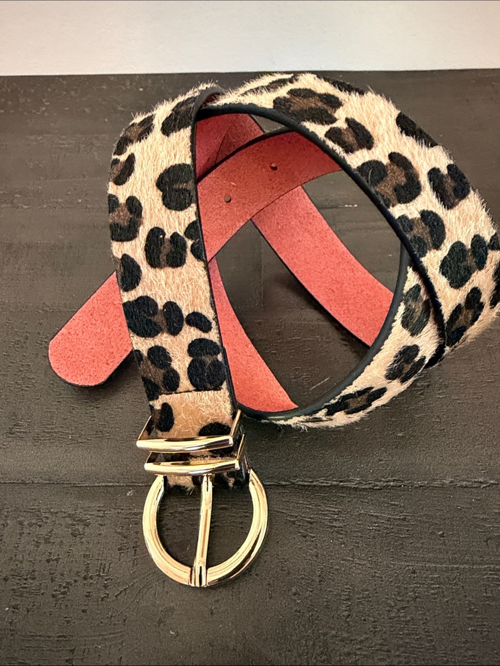 Leopard Print Women's Waist Belt with Gold Ring Buckle - Tan/Black